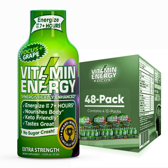 Vitamin Energy Focus+ Extra Strength Shot, Grape, 48 Pack – 260mg Natural Caffeine, CoQ10 & B-Vitamins, Zero Sugar, 1.93 fl oz