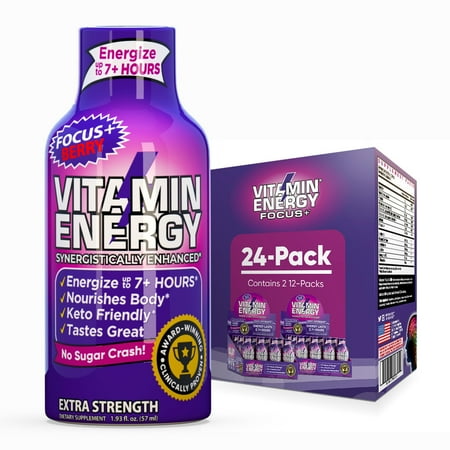 Vitamin Energy Focus+ Extra Strength Shot, Berry, 24 Pack – 260mg Natural Caffeine, CoQ10 & B-Vitamins, Zero Sugar, 1.93 fl oz