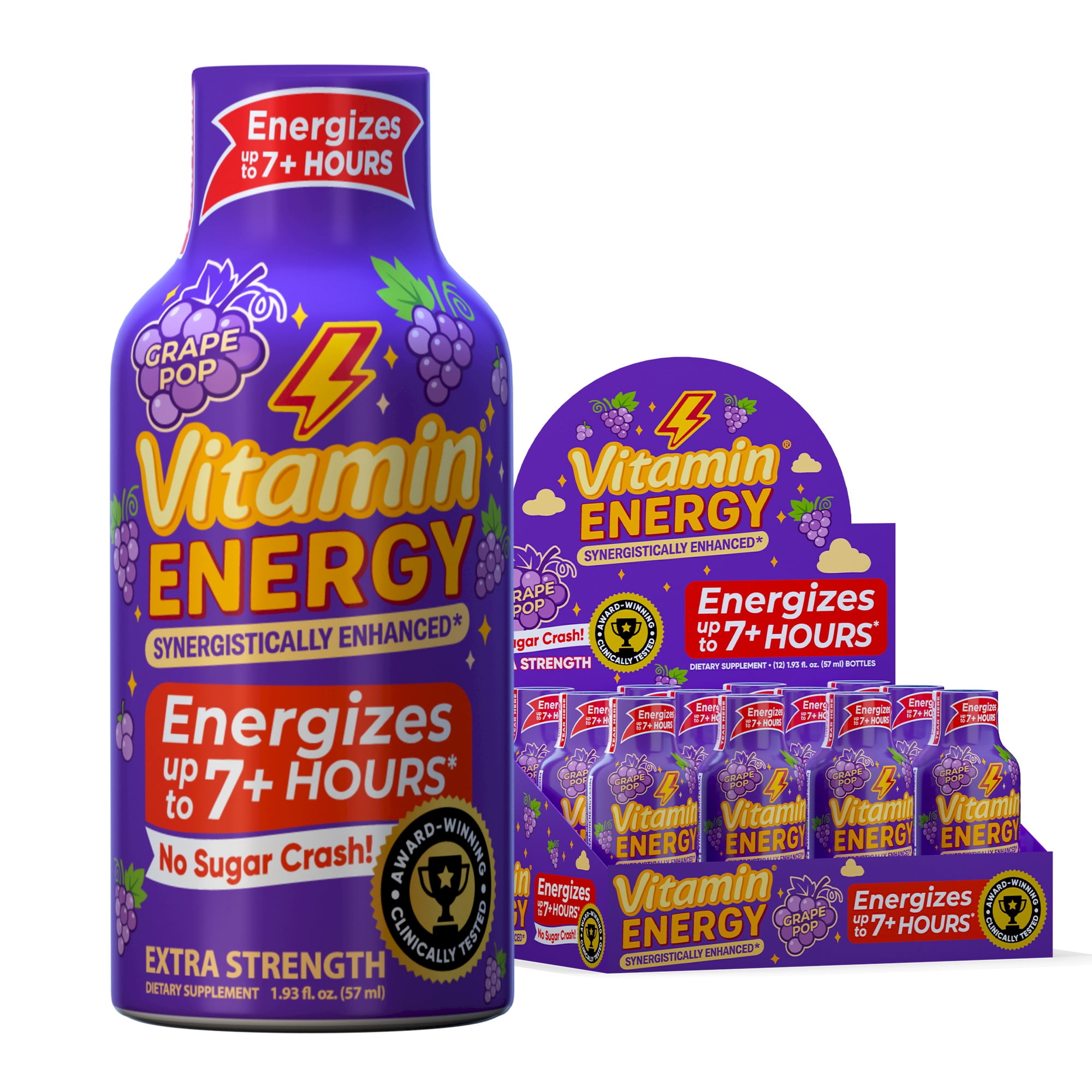 Vitamin Energy Focus+ Extra Strength Shot, Grape, 12 Pack – 260mg Natural Caffeine, CoQ10 & B-Vitamins, Zero Sugar, 1.93 fl oz