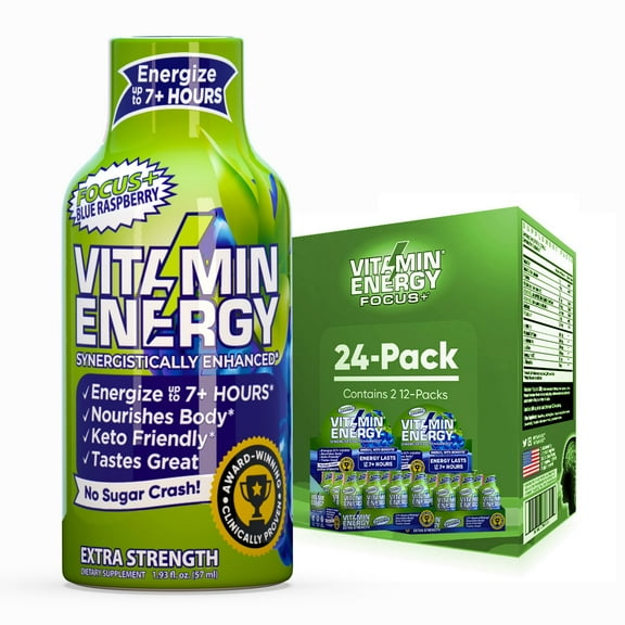 Vitamin Energy Focus+ Extra Strength Shot, Blue Raspberry, 24 Pack 260mg Natural Caffeine, CoQ10 & B-Vitamins, Zero Sugar, 1.93 fl oz