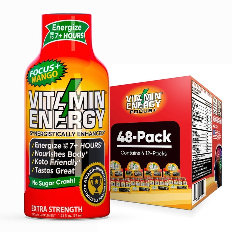 Vitamin Energy Focus+ Extra Strength Shot, Mango, 48 Pack – 260mg Natural Caffeine, CoQ10 & B-Vitamins, Zero Sugar, 1.93 fl oz