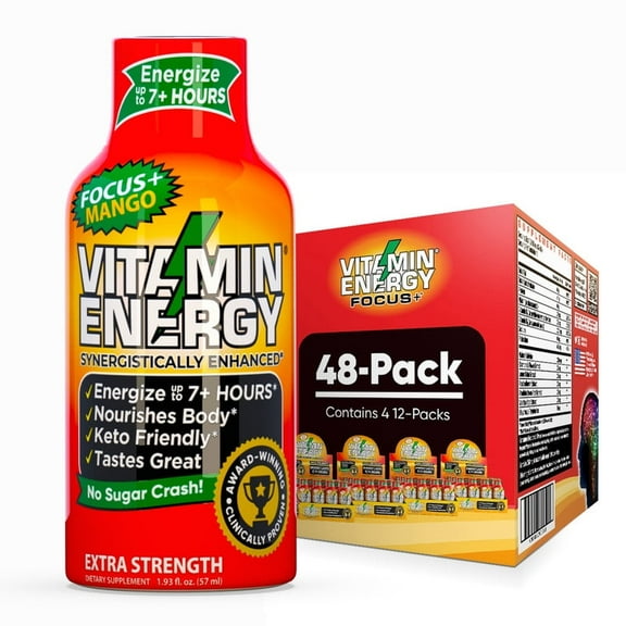 Vitamin Energy Focus+ Extra Strength Shot, Mango, 48 Pack – 260mg Natural Caffeine, CoQ10 & B-Vitamins, Zero Sugar, 1.93 fl oz