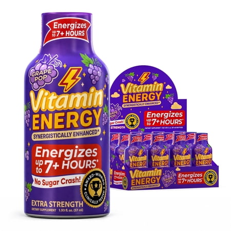Vitamin Energy Grape Pop Extra Strength Energy Shot, 12 Pack - 260mg Natural Caffeine, Immune Support, Zero Sugar, 1.93 fl oz