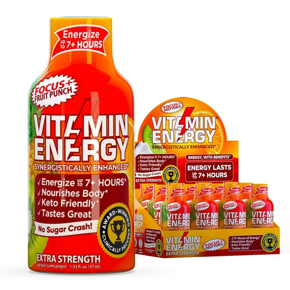 Vitamin Energy Focus+ Extra Strength Shot, Fruit Punch, 12 Pack 260mg Natural Caffeine, CoQ10 & B-Vitamins, Zero Sugar, 1.93 fl oz