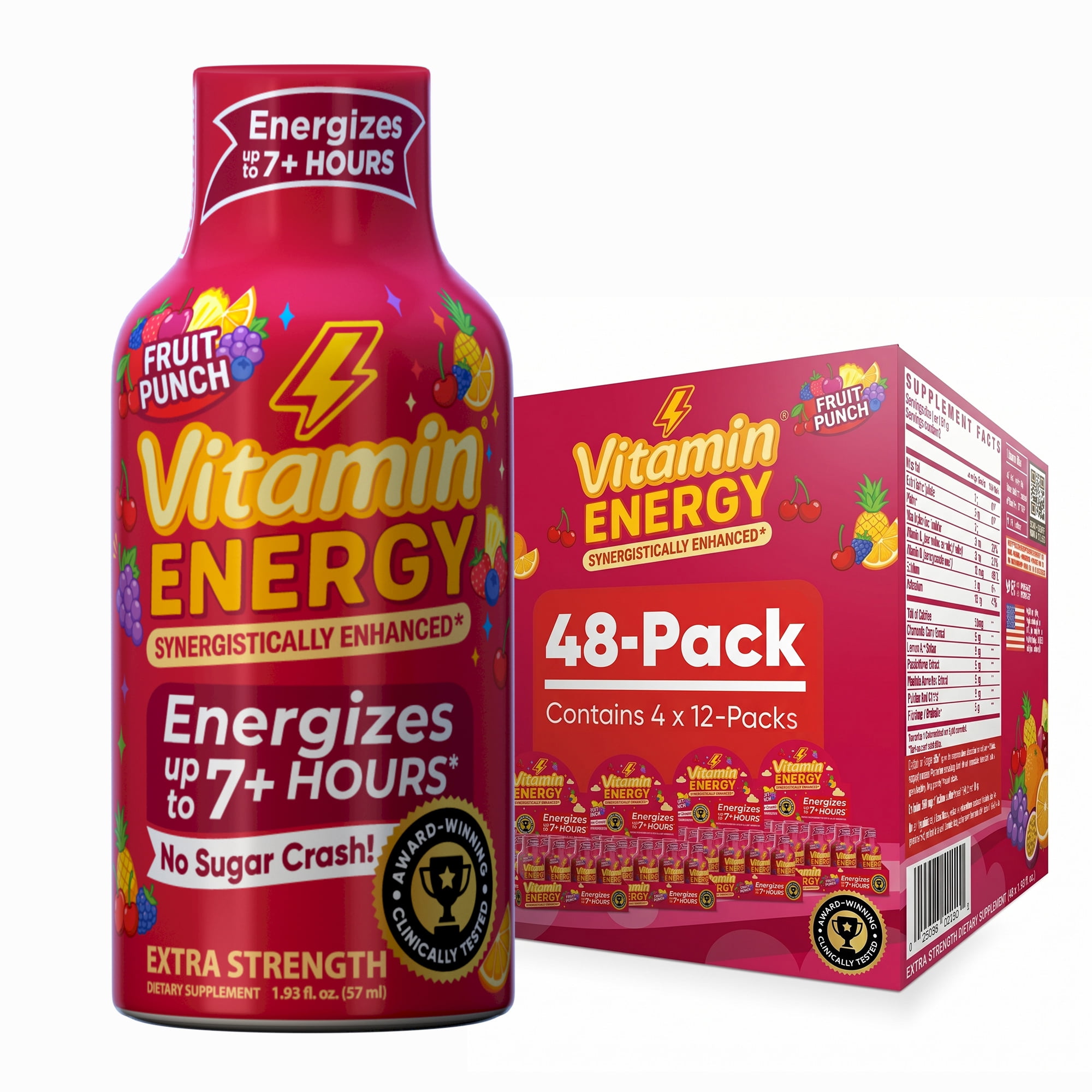 Vitamin Energy Focus+ Extra Strength Shot, Fruit Punch, 48 Pack – 260mg Natural Caffeine, CoQ10 & B-Vitamins, Zero Sugar, 1.93 fl oz