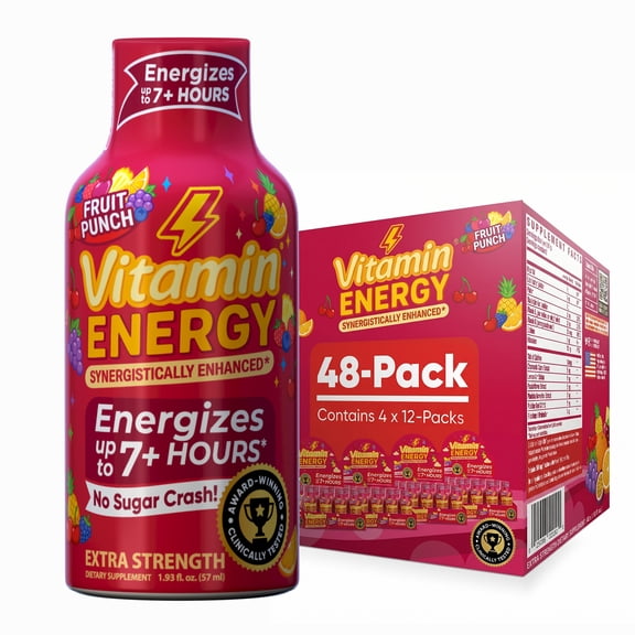 Vitamin Energy Focus+ Extra Strength Shot, Fruit Punch, 48 Pack  260mg Natural Caffeine, CoQ10 & B-Vitamins, Zero Sugar, 1.93 fl oz