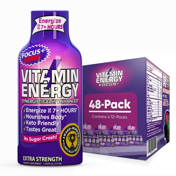 Vitamin Energy Focus+ Extra Strength Shot, Berry, 48 Pack 260mg Natural Caffeine, CoQ10 & B-Vitamins, Zero Sugar, 1.93 fl oz
