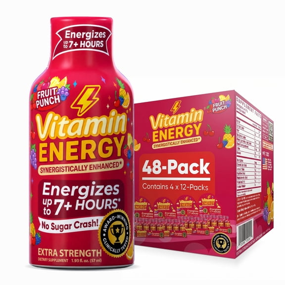 Vitamin Energy Fruit Punch Extra Strength Energy Shot, 24 Pack - 260mg Natural Caffeine, Immune Support, Zero Sugar, 1.93 fl oz