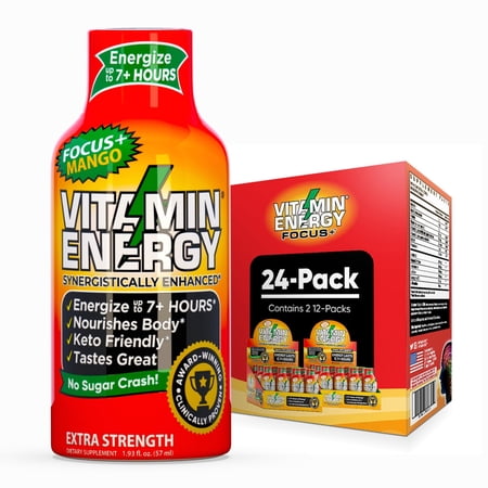 Vitamin Energy Focus+ Extra Strength Shot, Mango, 24 Pack – 260mg Natural Caffeine, CoQ10 & B-Vitamins, Zero Sugar, 1.93 fl oz
