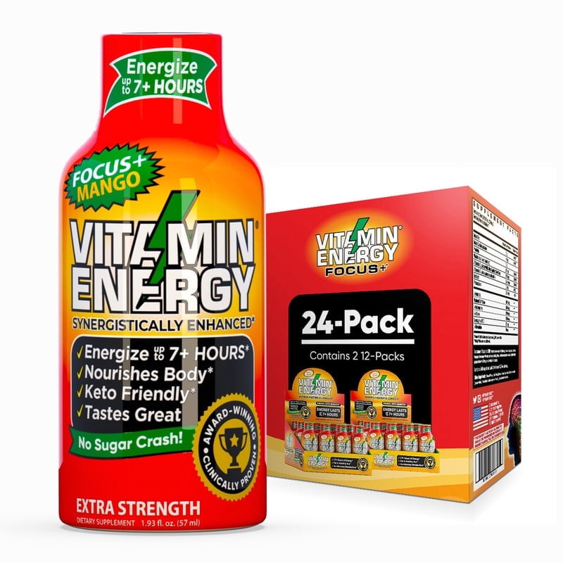 Vitamin Energy Focus+ Extra Strength Shot, Mango, 24 Pack – 260mg Natural Caffeine, CoQ10 & B-Vitamins, Zero Sugar, 1.93 fl oz
