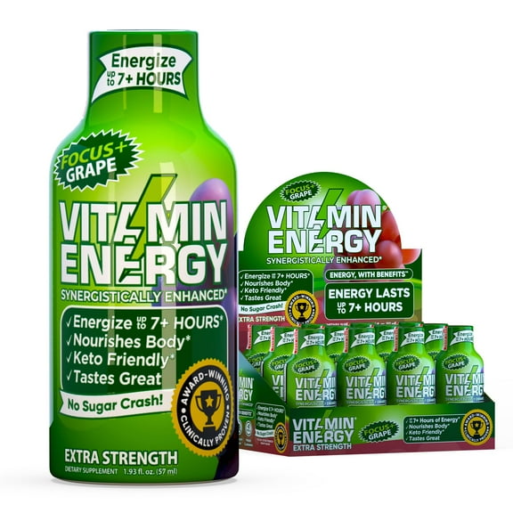 Vitamin Energy Focus+ Extra Strength Shot, Grape, 12 Pack 260mg Natural Caffeine, CoQ10 & B-Vitamins, Zero Sugar, 1.93 fl oz