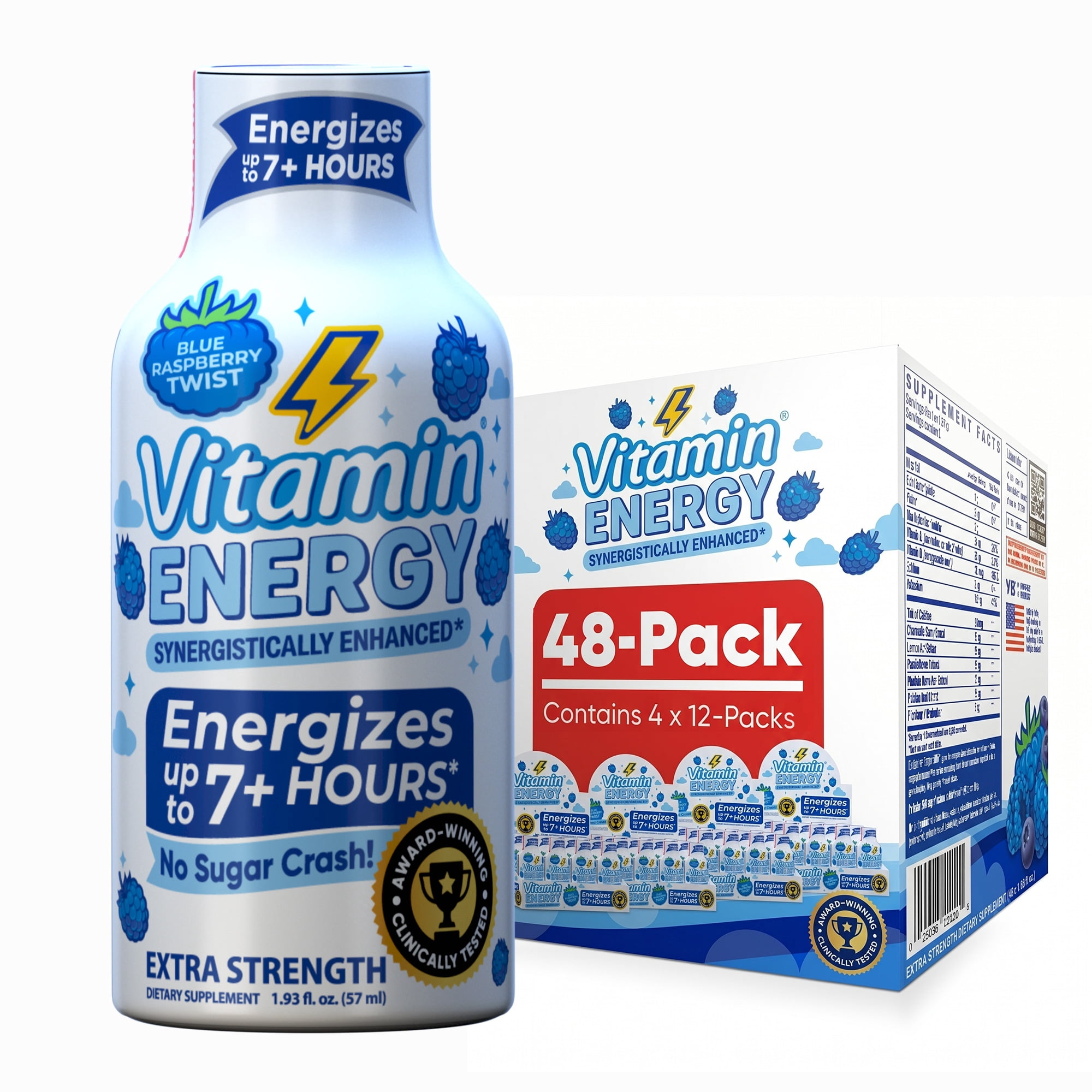Vitamin Energy Focus+ Extra Strength Shot, Blue Raspberry, 48 Pack – 260mg Natural Caffeine, CoQ10 & B-Vitamins, Zero Sugar, 1.93 fl oz