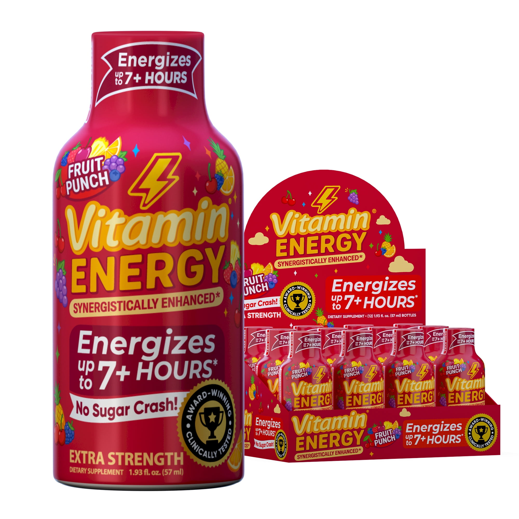 Vitamin Energy Focus+ Extra Strength Shot, Fruit Punch, 12 Pack – 260mg Natural Caffeine, CoQ10 & B-Vitamins, Zero Sugar, 1.93 fl oz
