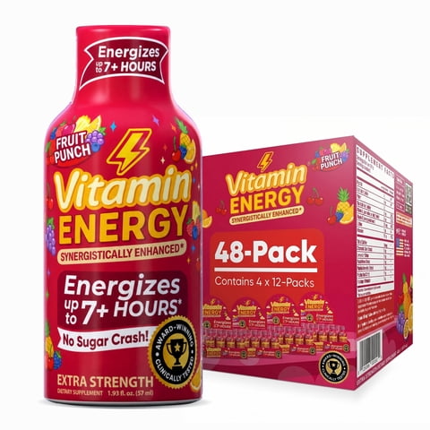 Vitamin Energy Fruit Punch Extra Strength Energy Shot, 48 Pack - 260mg Natural Caffeine, Immune Support, Zero Sugar, 1.93 fl oz