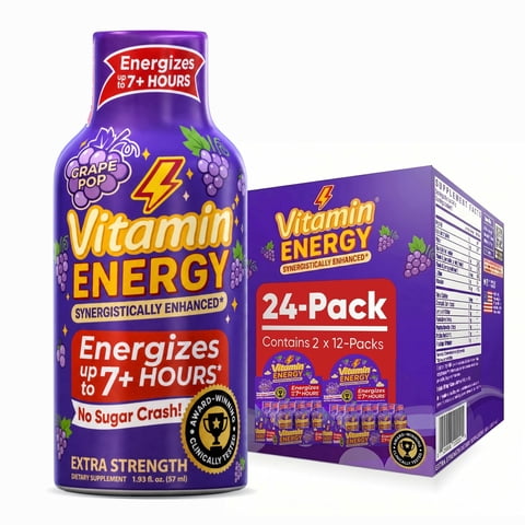 Vitamin Energy Grape Pop Extra Strength Energy Shot, 24 Pack - 260mg Natural Caffeine, Immune Support, Zero Sugar, 1.93 fl oz