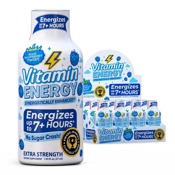 Vitamin Energy Blue Raspberry Twist Extra Strength Energy Shot, 12 Pack - 260mg Natural Caffeine, Electrolytes + BCAAs, Hydration, Zero Sugar, 1.93 fl oz
