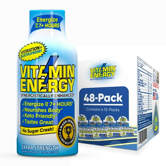 Vitamin Energy Hydration+ Shot, Blue Raspberry, 48 Pack 260mg Natural Caffeine, Electrolytes & BCAAs, Zero Sugar, 1.93 fl oz