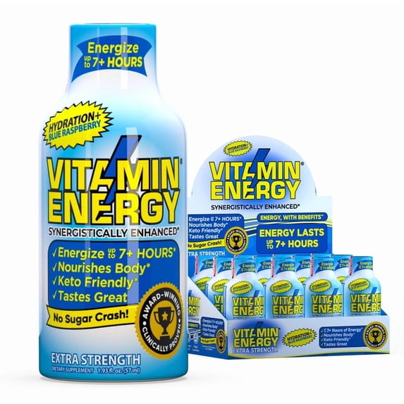 Vitamin Energy Hydration+ Shot, Blue Raspberry, 12 Pack – 260mg Natural Caffeine, Electrolytes & BCAAs, Zero Sugar, 1.93 fl oz