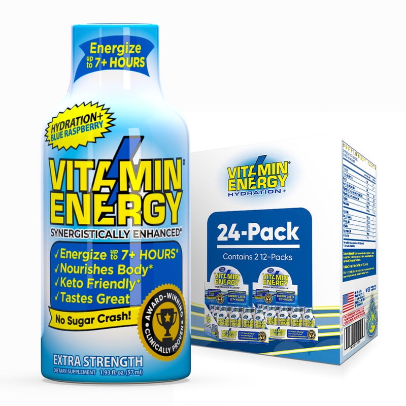 Vitamin Energy Hydration+ Shot, Blue Raspberry, 24 Pack – 260mg Natural Caffeine, Electrolytes & BCAAs, Zero Sugar, 1.93 fl oz