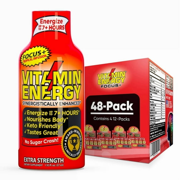 Vitamin Energy Focus+ Extra Strength Shot, Tropical Infusion, 48 Pack – 260mg Natural Caffeine, CoQ10 & B-Vitamins, Zero Sugar, 1.93 fl oz