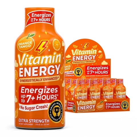 Vitamin Energy Orange Tango Extra Strength Energy Shot, 12 Pack - 260mg Natural Caffeine, Immune Support, Zero Sugar, 1.93 fl oz