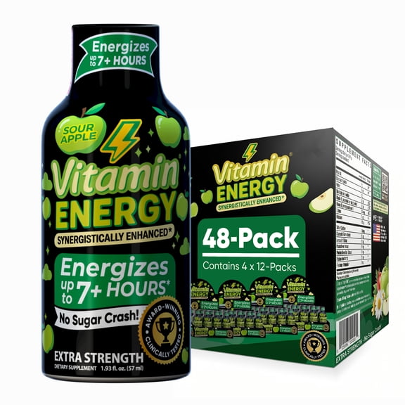 Vitamin Energy Workout+ Pre-Workout Shot, Sour Apple, 48 Pack 260mg Natural Caffeine, B-Vitamins & Minerals, Zero Sugar, 1.93 fl oz