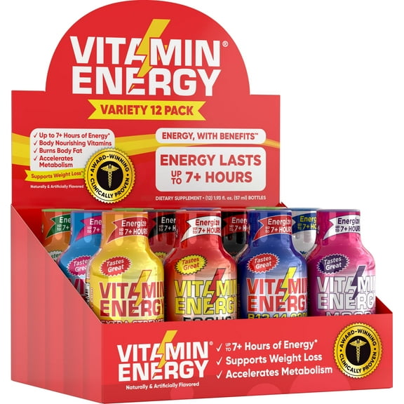 Vitamin Energy Extra Strength Shot Variety Pack, 12 Pack – 260mg Natural Caffeine, Multi-Functional Energy, Focus, Hydration & Immune Support, Zero Sugar, 1.93 fl oz