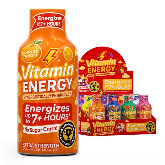 Vitamin Energy Variety Pack Extra Strength Energy Shot, 12 Pack - 260mg Natural Caffeine, Assorted Flavors, Zero Sugar, 1.93 fl oz