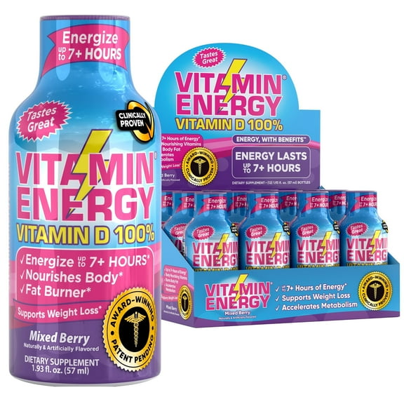 Vitamin Energy Vitamin D Extra Strength Shot, Mixed Berry, 12 Pack – 260mg Natural Caffeine, B-Complex & Vitamin D, Zero Sugar, 1.93 fl oz