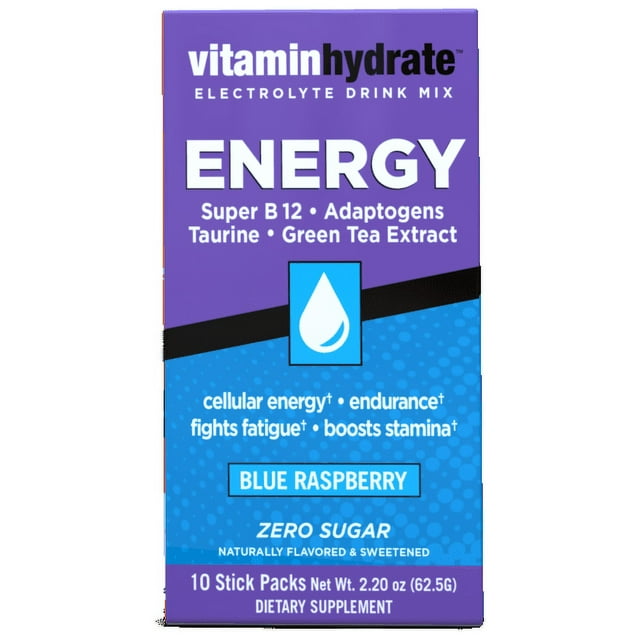 Vitamin Hydrate Electrolyte Drink Mix, Energy, Blue Raspberry, 10 Ct