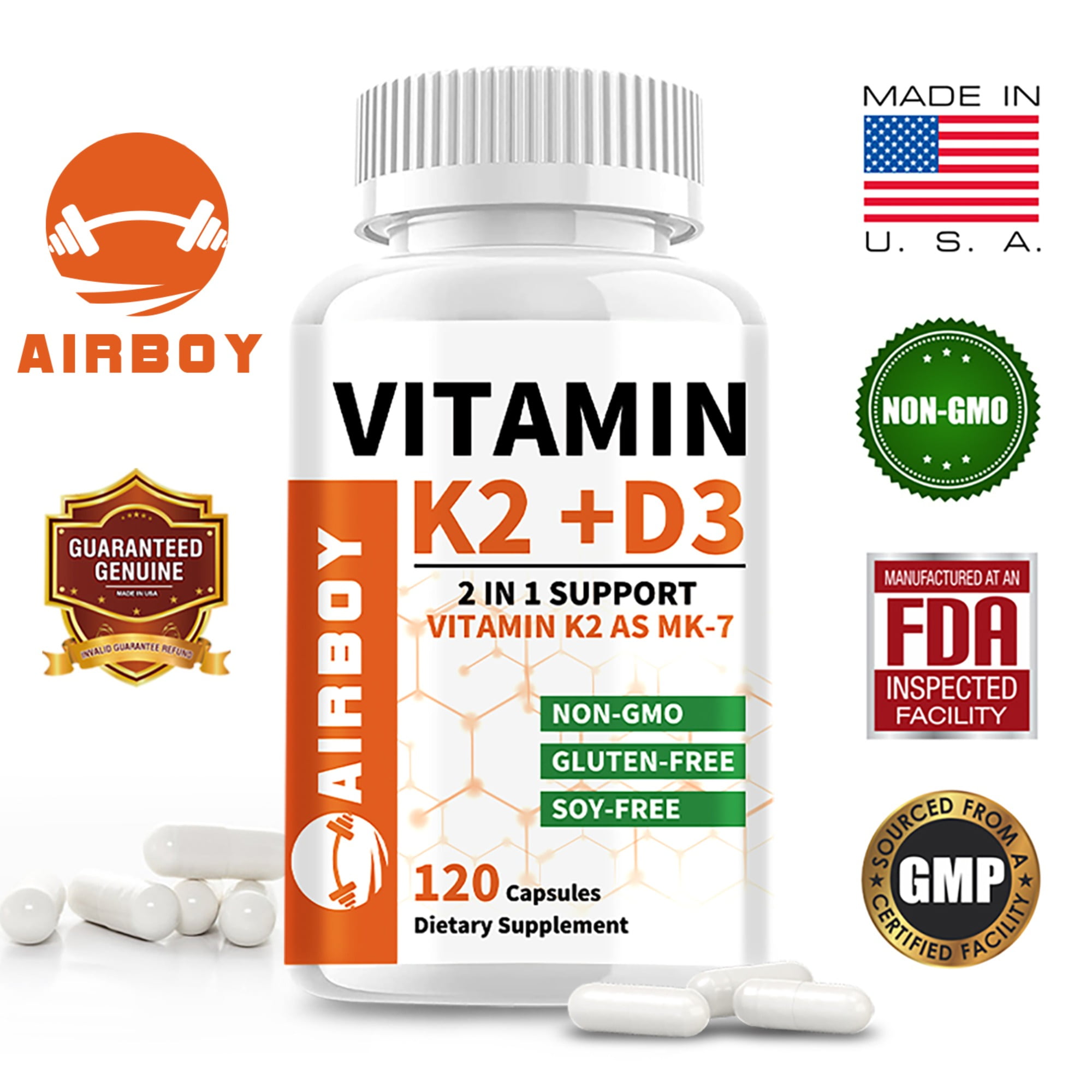 Vitamin K2 + D3 - Support Immune and Heart Health, Strong Bones and Muscle, Gluten Free - 120 Capsules