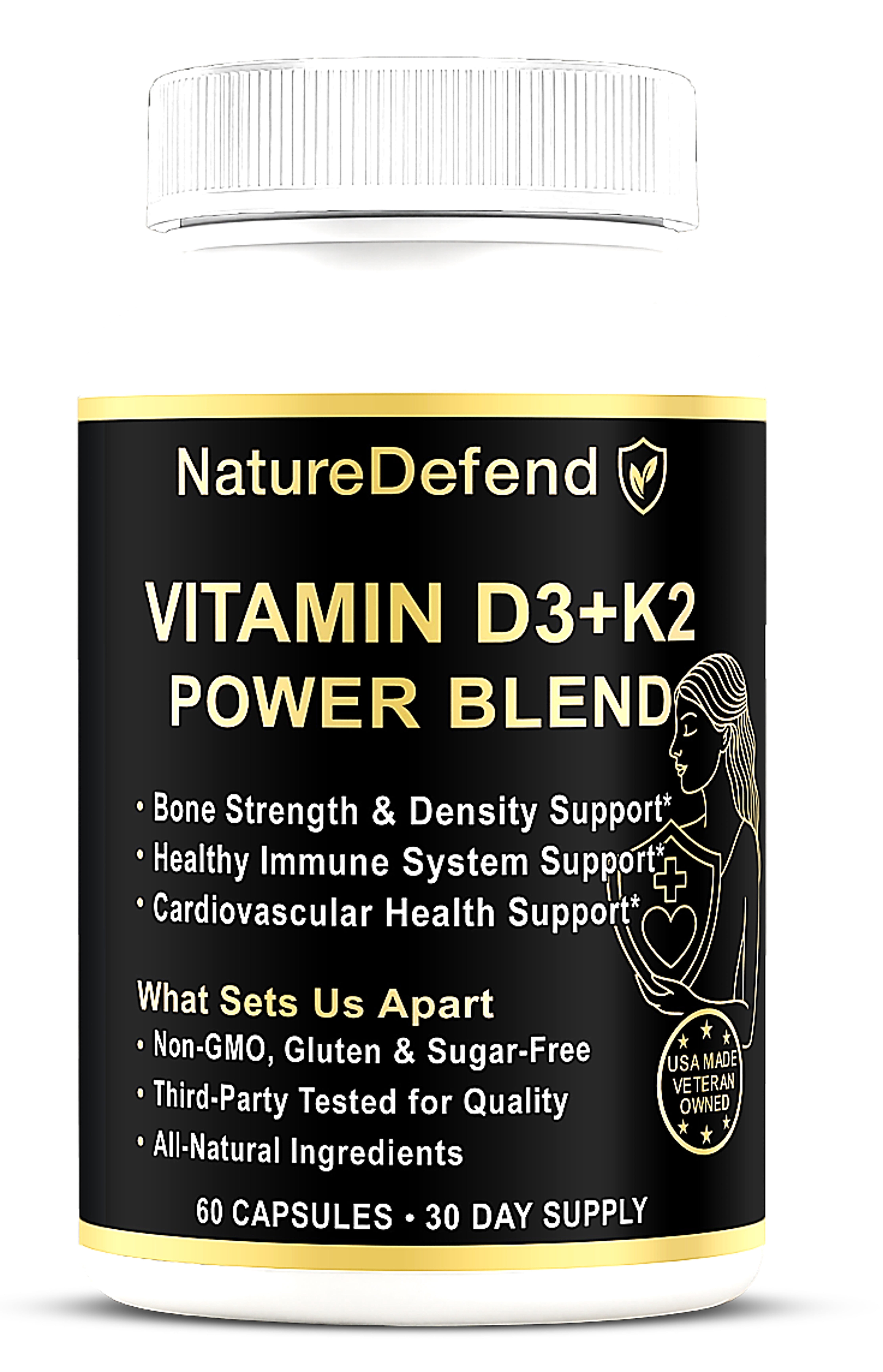 NatureDefend Vitamin D3 + K2 Supplement, Bone & Immune Support, 60 Capsules, Veteran-Owned, USA Made