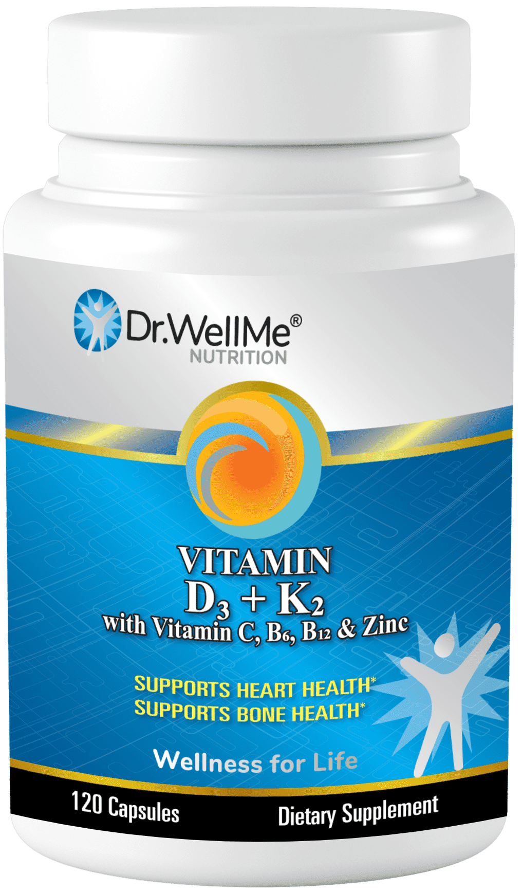 Vitamin K2+D3, Supports Strong Bones, Heart and Immune Health with Vitamin C, B16, B12 & Zinc Capsules - 120 Capsules, Made in USA by Dr WellMe