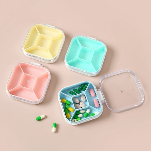Organizer Box 5 Compartments | Portable Storage Small Unique Shape | Easy Carry Large Capacity | Airtight Travel Pill Case | Pink Yellow Blue Green Durable Plastic 3.54x2.75x1.18in
