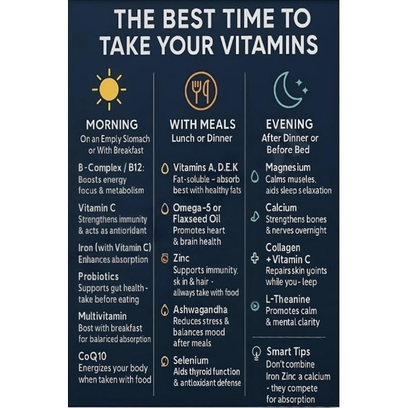 Vitamin Timing Chart Morning Meals and Evening Guide meal planning poster