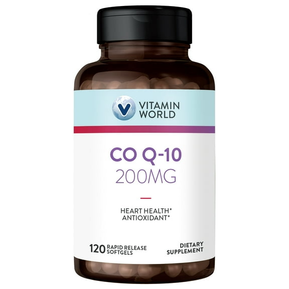 Vitamin World CoQ10 200 mg Softgels, Coenzyme Q10 Supplements for Antioxidant Support, Heart Health & Energy Production, Gluten Free, 120 Rapid Release Softgels