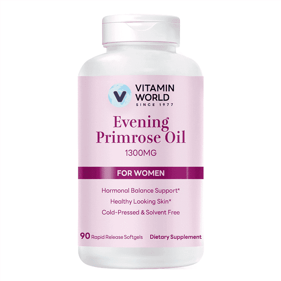 Vitamin World Evening Primrose Oil for Women 1300mg, Cold Pressed, 10% GLA, Supports Healthy-Looking Skin & Women's Health, 90 Softgels
