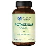 Vitamin World Potassium 99 mg - 250 Vegetarian Caplets, Potassium Gluconate Supplement for Electrolyte & Muscle & Nerve & Heart Support, Gluten-Free, Once Daily, 250 Days Supply