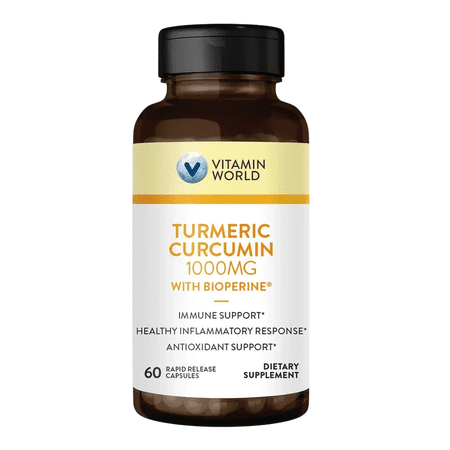 Vitamin World Turmeric Curcumin 1000mg, BioPerine Black Pepper Extract for Better Absorption, 95% Curcuminoids, Turmeric Supplement for Antioxidant & Joint Support, Gluten-Free, 60 Capsules