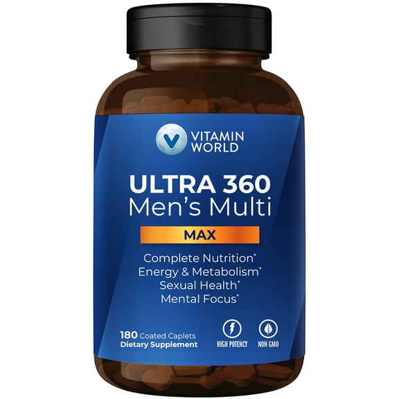 Vitamin World ULTRA 360 Men's Max Multivitamin, 180 Coated Caplets, High Potency and Non-GMO
