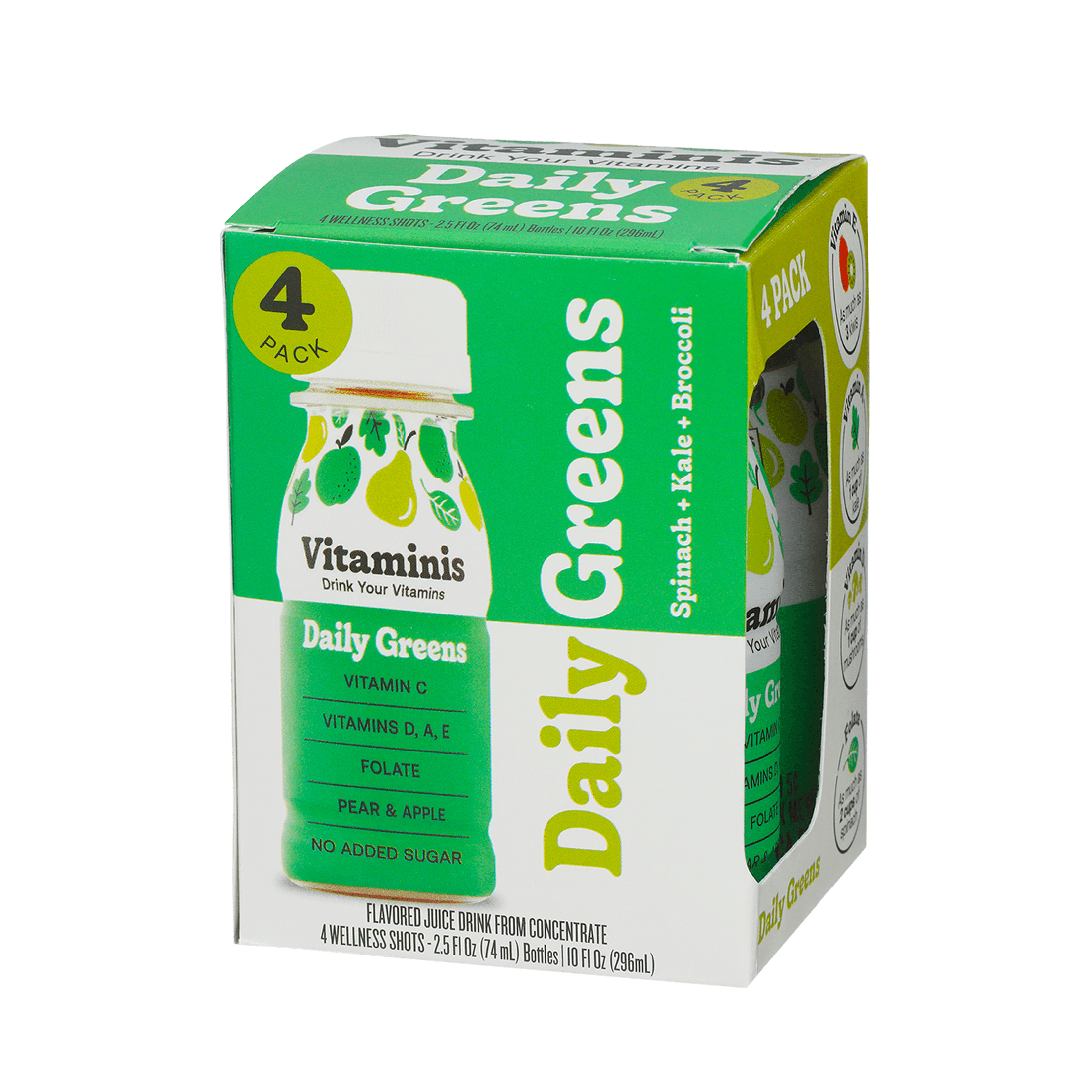Vitaminis Daily Greens Shot, Apple Pear Juice Drink with Vitamins C, D, A, E & Folate, No Added Sugar, Non-GMO, Gluten-Free, Shelf-Stable Mini Bottles, 2.5 fl oz, 4 Count