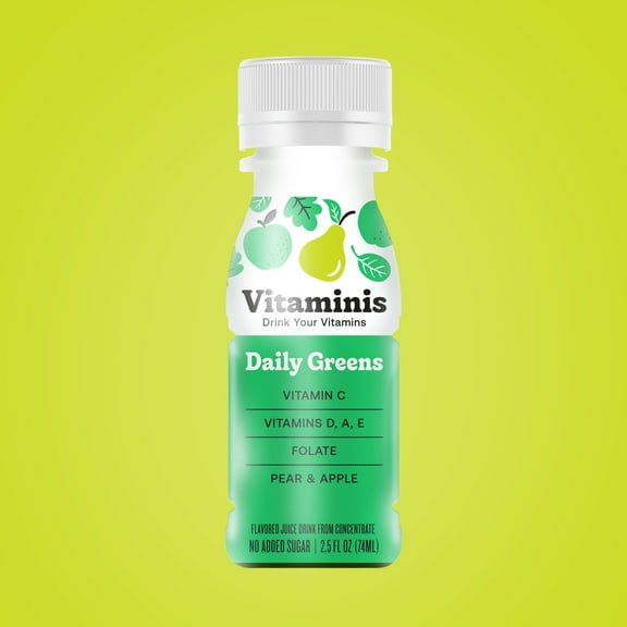Vitaminis - Daily Greens - Apple Pear w/Vitamins C, D, A, E and Folate - No Added Sugar & Shelf Stable for Kids, Women, & Men (2.5 Fl. Oz, Pack of 4)