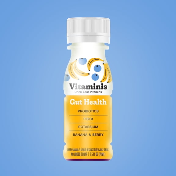 Vitaminis - Gut Health Shot - Berry Banana Juice with Probiotics and Fiber for Digestive Health. Dairy Free, No Added Sugar, Shelf Stable, & Gentle for Kids, Women, & Men (2.5 Fl. Oz, Pack of 12)