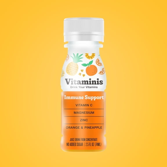 Vitaminis - Immunity Shots - Our Vitamin-Rich Orange Pineapple Juice with Vitamin C, Zinc and Magnesium, No Added Sugar & Shelf Stable for Kids, Women, & Men (2.5 Fl. Oz, Pack of 4)