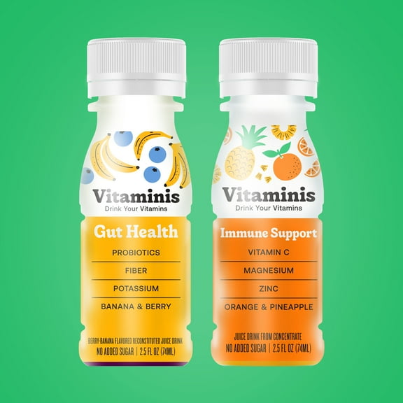 Vitaminis - Immunity and Gut Health Shot Combo - Dairy Free, No Added Sugar, Shelf Stable, & Gentle for Kids, Women, & Men (2.5 Fl. Oz, Pack of 24)