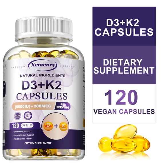 Vitamins D3 + K2 (5000IU/200mcg) - Support Immune System, Promote Bone, Heart and Cardiovascular Health - 120 Capsules