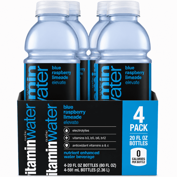 Vitaminwater Blue Raspberry Limeade Elevate Nutrient Enhanced Water Beverage, 4 Pack, 20 Fl Oz Bottles