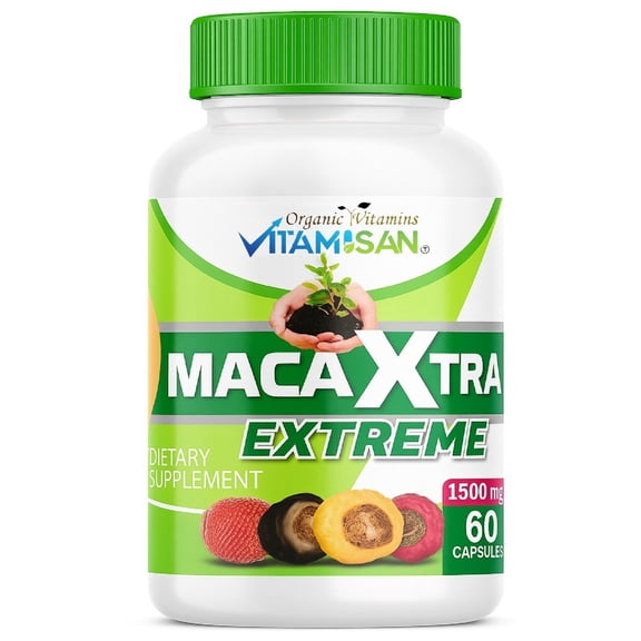 Vitamisan Maca Xtra Extreme 1500mg | Peruvian Maca Root & Aguaje Extract | Herbal Dietary Supplement | Energy & Vitality Support | 60 Capsules