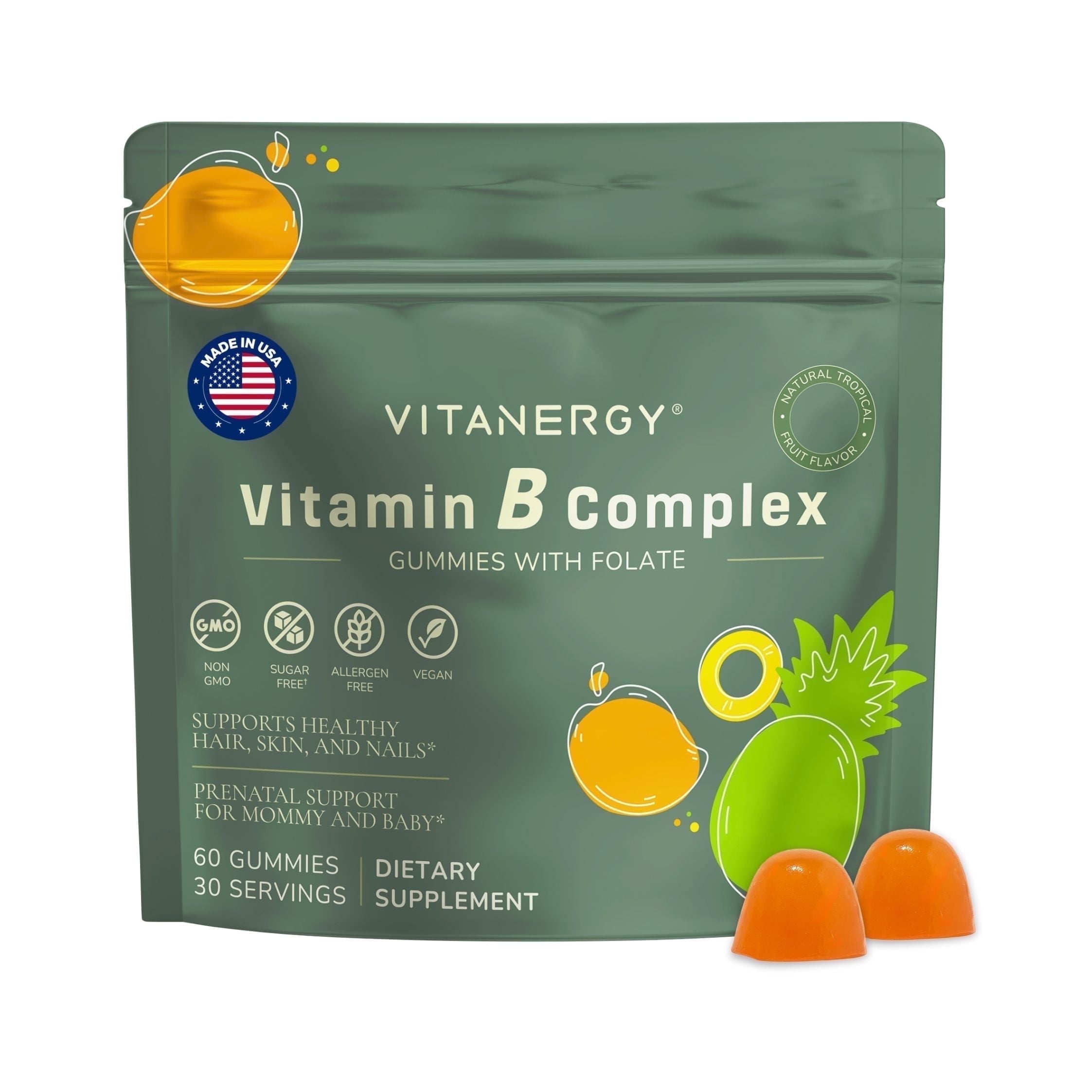 Vitanergy B Complex Vitamin Gummies, Womens Daily Health, 60 Ct 7 B Vitamins with Iron, Vegan, Non-GMO, Tropical Flavor, Made in USA