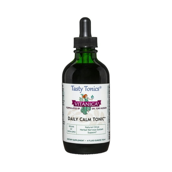 Vitanica Daily Calm Tonic, Natural Liquid Stress Relief Supplement, Dr. Formulated, Lemon Balm, Kava Kava and Passion Flower, for Women, Men & Adults, Alcohol Free, Vegan, 4 Ounce